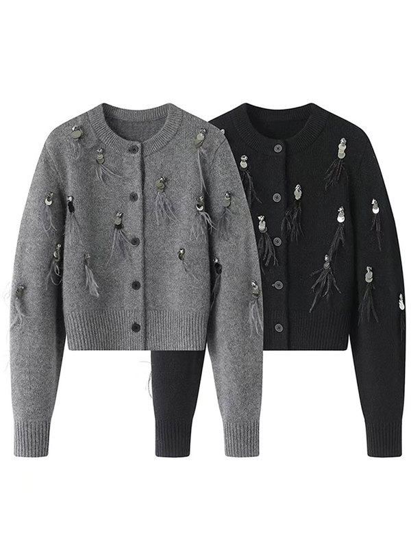 French-Style Sweater for Women 2024 New Autumn and Winter Heavy-Duty Tassel Sequin Rhinestone Feather Knit Cardigan High-End