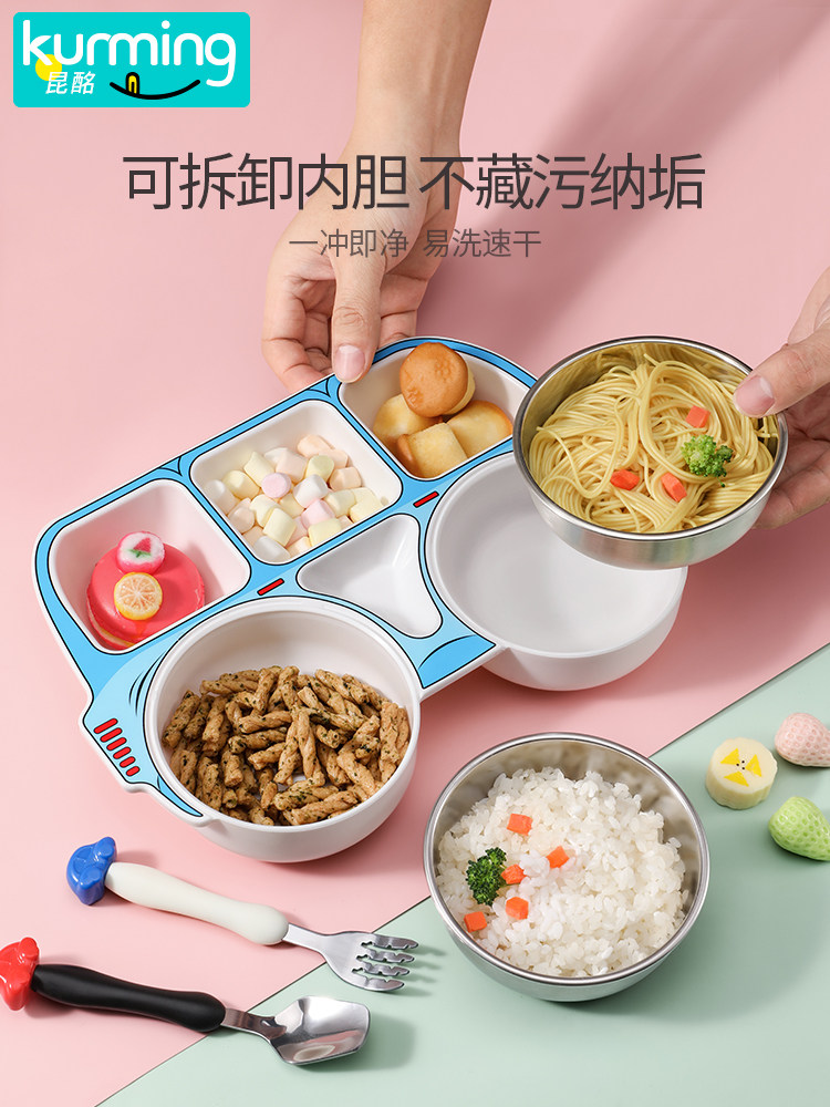Children's Dinner Plate, Stainless Steel Baby Eating Bowl and Chopsticks, Cartoon Anti-Fall Household Spoon, Suction Cup, Divided Baby Tableware Set