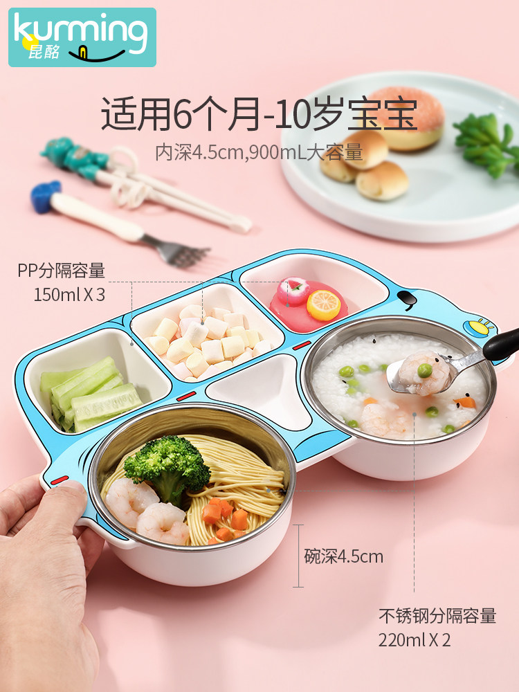 Children's Dinner Plate, Stainless Steel Baby Eating Bowl and Chopsticks, Cartoon Anti-Fall Household Spoon, Suction Cup, Divided Baby Tableware Set