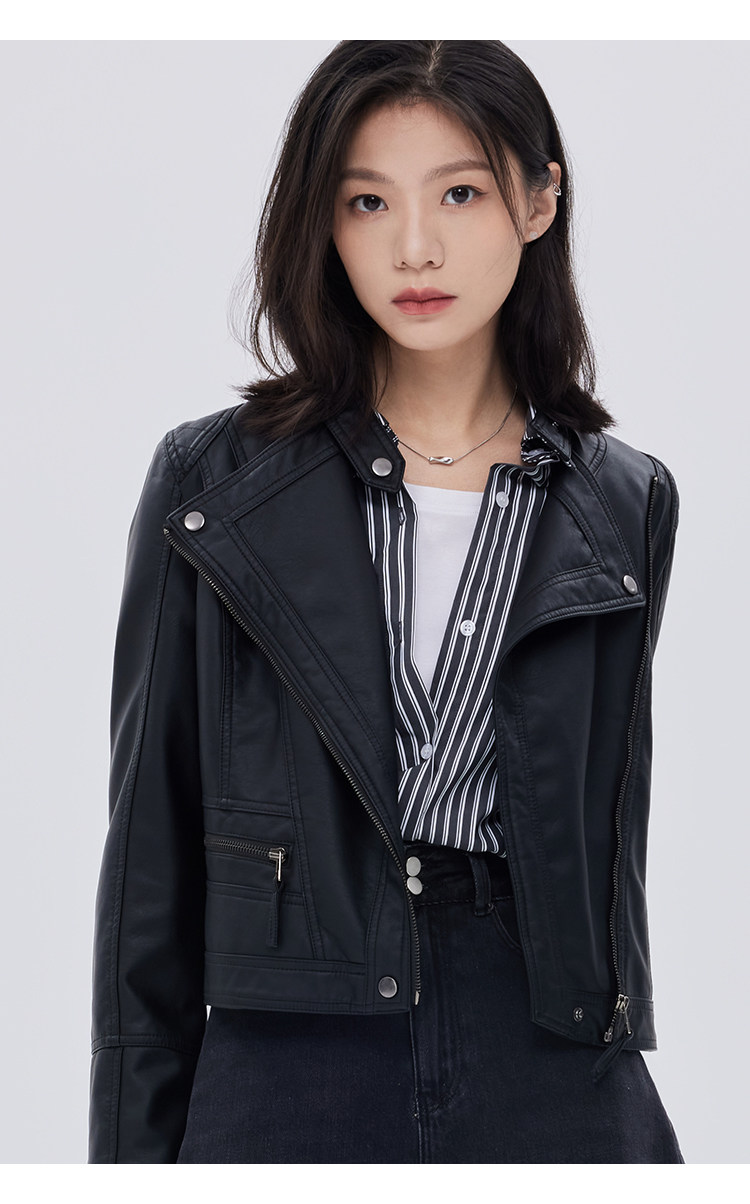 Кожаная куртка 覆古斜拉炼 炼 𫔀短款机车风上衣2025新款春秋立领修身黑色pu皮衣外套女 Tnxn