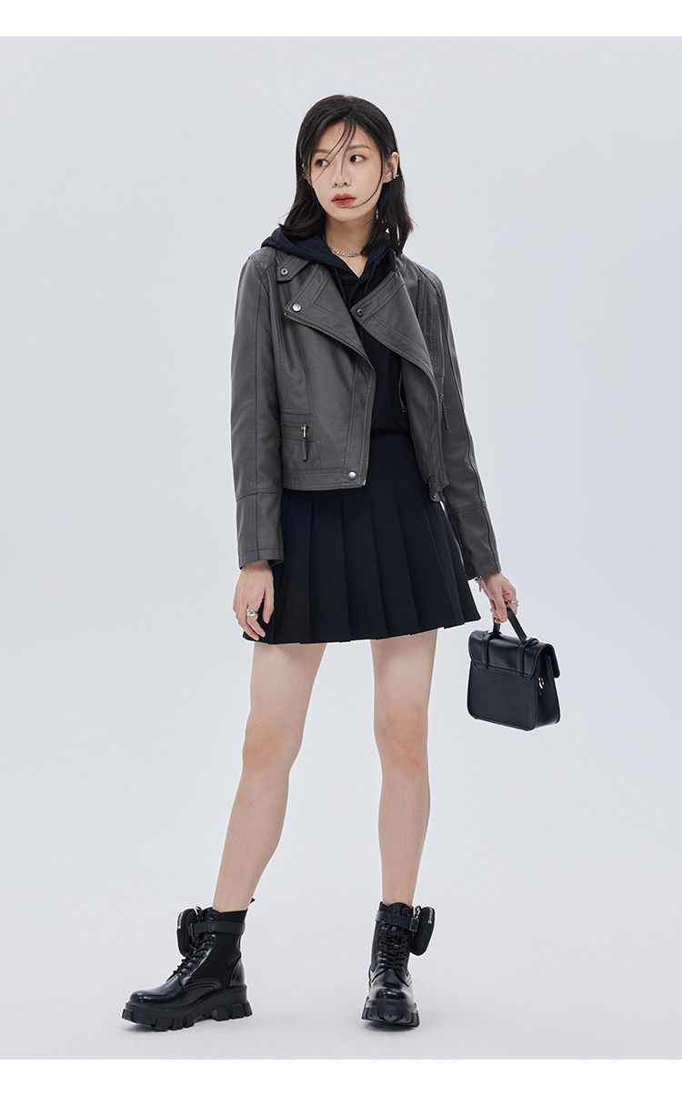 Кожаная куртка 覆古斜拉炼 炼 𫔀短款机车风上衣2025新款春秋立领修身黑色pu皮衣外套女 Tnxn