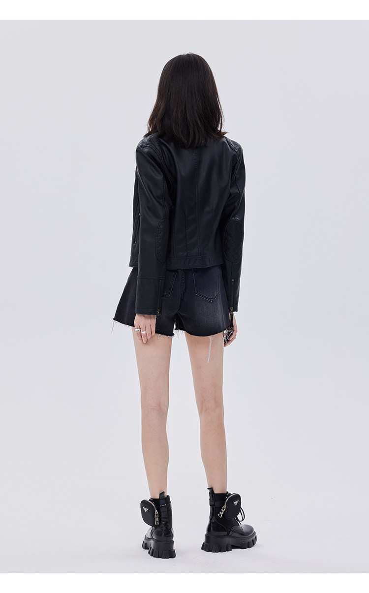 Кожаная куртка 覆古斜拉炼 炼 𫔀短款机车风上衣2025新款春秋立领修身黑色pu皮衣外套女 Tnxn