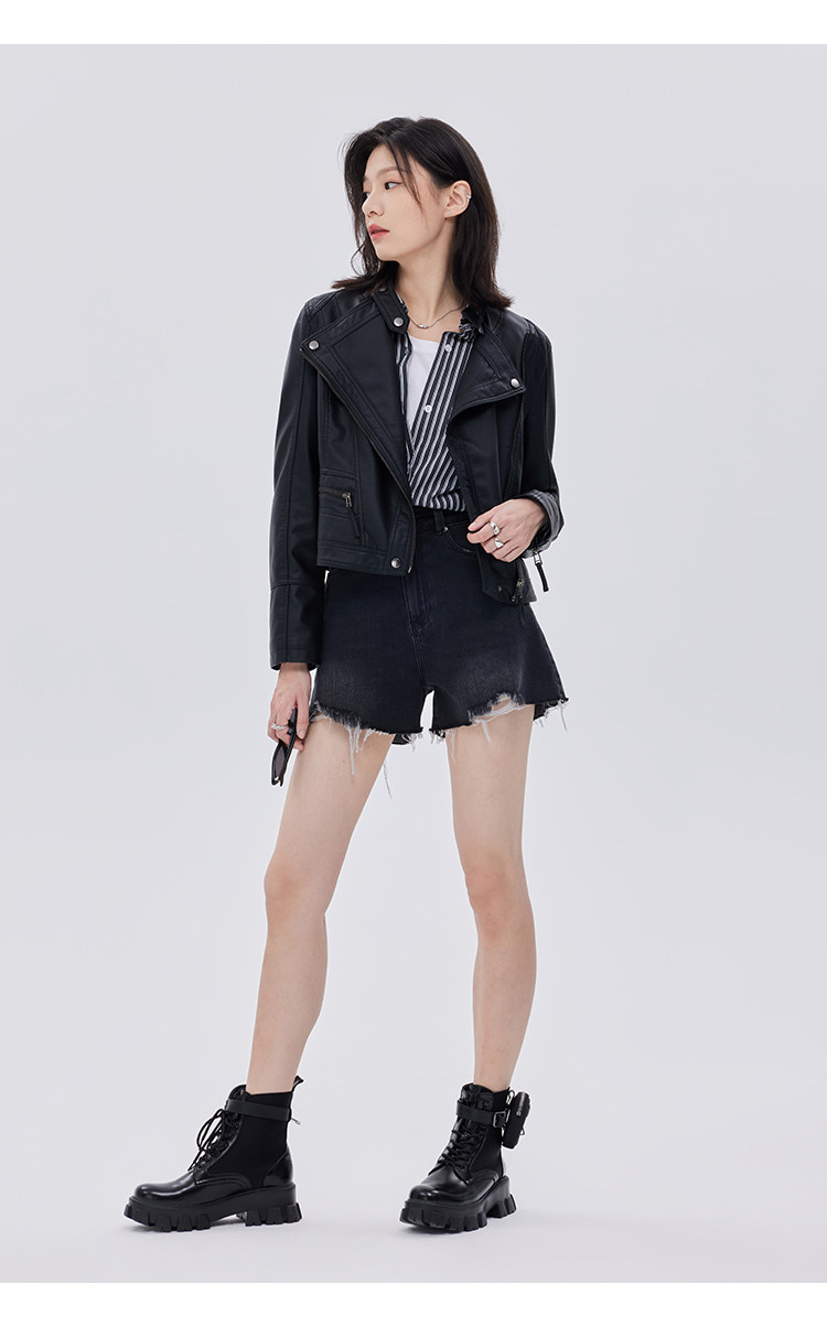 Кожаная куртка 覆古斜拉炼 炼 𫔀短款机车风上衣2025新款春秋立领修身黑色pu皮衣外套女 Tnxn