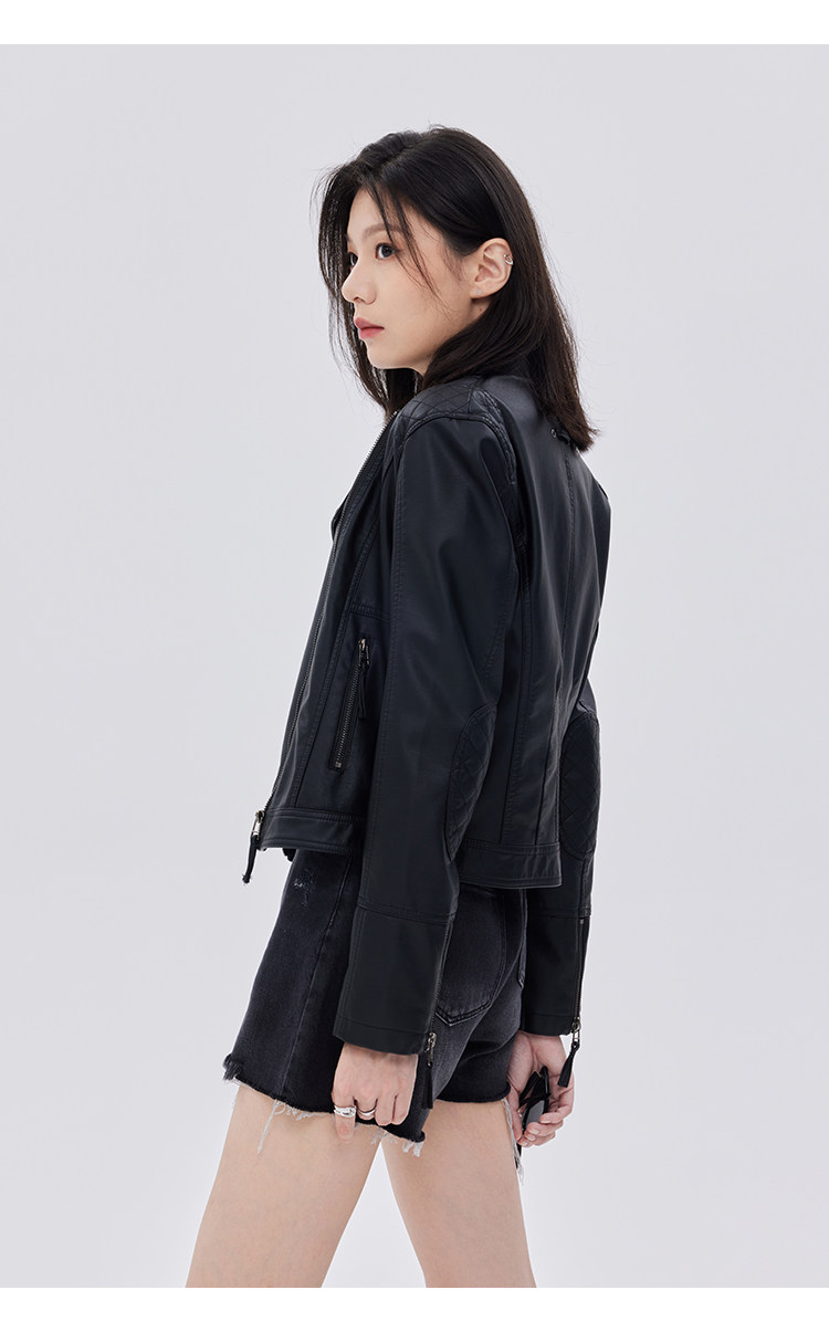 Кожаная куртка 覆古斜拉炼 炼 𫔀短款机车风上衣2025新款春秋立领修身黑色pu皮衣外套女 Tnxn