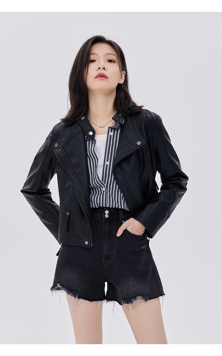 Кожаная куртка 覆古斜拉炼 炼 𫔀短款机车风上衣2025新款春秋立领修身黑色pu皮衣外套女 Tnxn