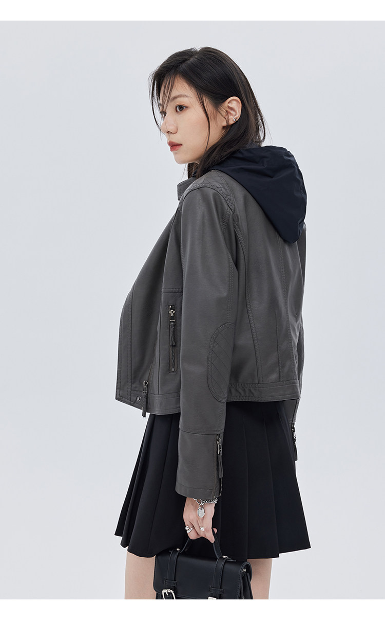 Кожаная куртка 覆古斜拉炼 炼 𫔀短款机车风上衣2025新款春秋立领修身黑色pu皮衣外套女 Tnxn