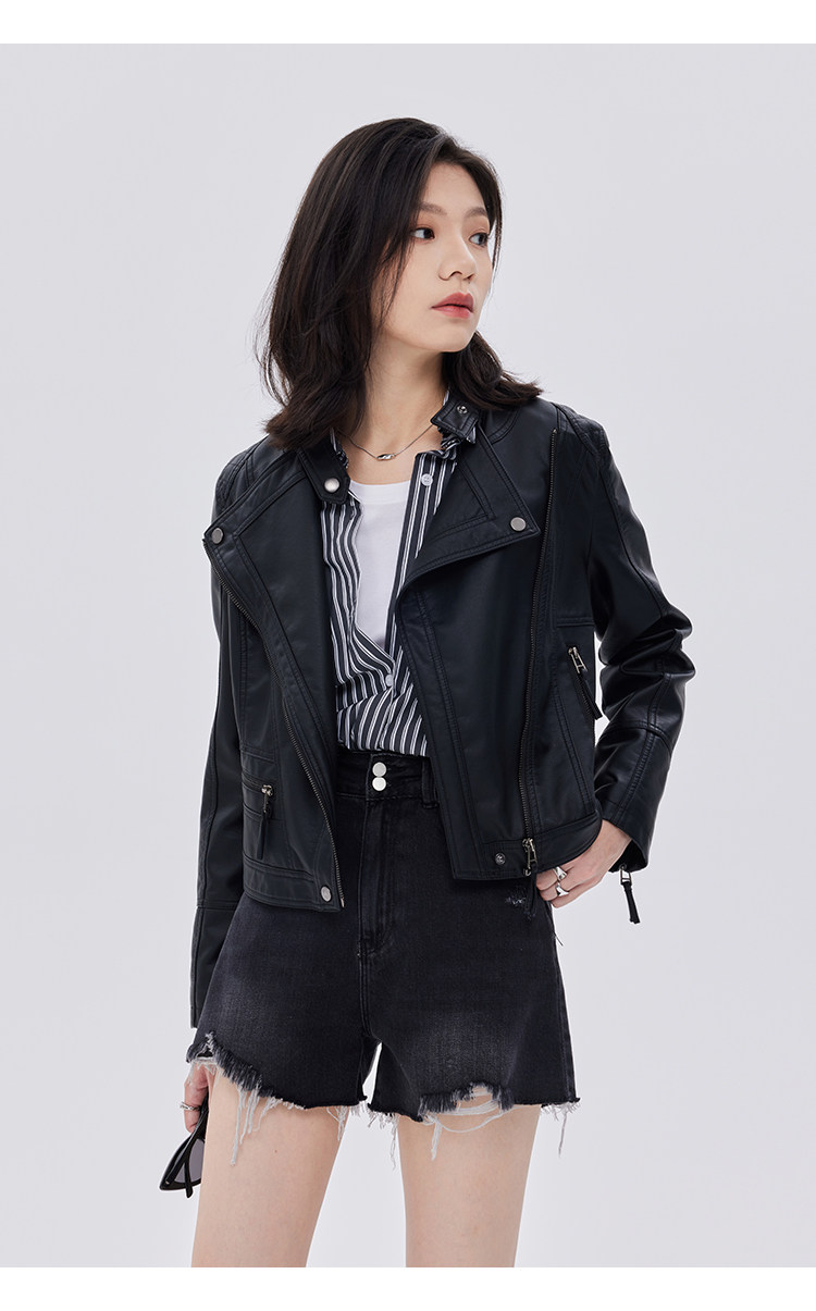 Кожаная куртка 覆古斜拉炼 炼 𫔀短款机车风上衣2025新款春秋立领修身黑色pu皮衣外套女 Tnxn