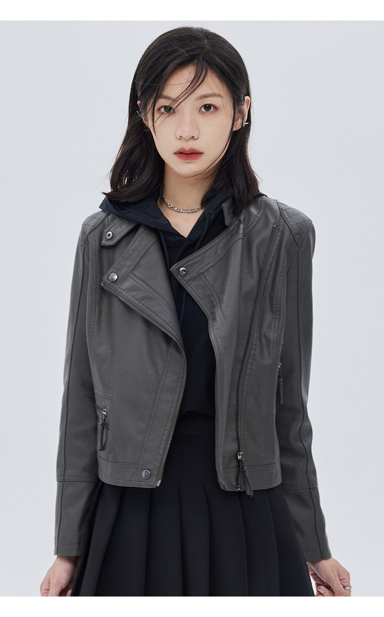 Кожаная куртка 覆古斜拉炼 炼 𫔀短款机车风上衣2025新款春秋立领修身黑色pu皮衣外套女 Tnxn