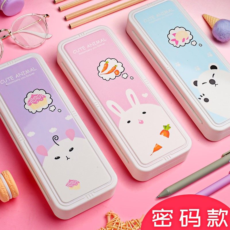 Net red password stationery box for primary school boys and girls large-capacity plastic school master pencil box with password lock two-layer double-layer Cornetto function pencil box creative children's kindergarten stationery