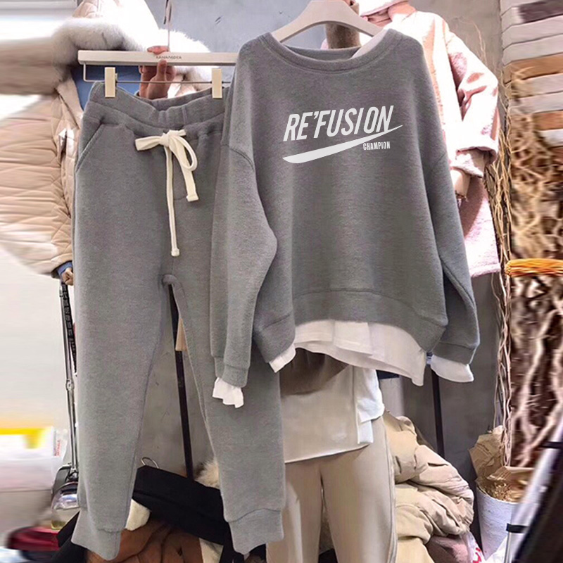 Autumn Winter Casual Harbor Wind Suit Women Han Version Loose Movement Two Suits Plus Suede Thickened and Fashion Thick T-shirt Brief