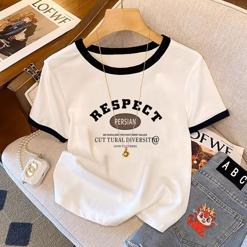 European Style Color-Blocked Pure Cotton Short-Sleeve T-Shirt for Women, 2026 New Design, Fashionable and Stylish White Top for Summer