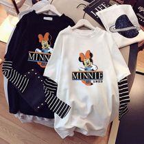  Long-sleeved t-shirt womens spring and autumn Korean version loose and wild mid-length top autumn pure cotton fashion fake two-piece tide