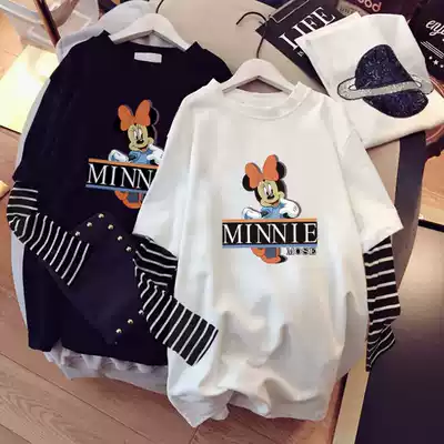 Long-sleeved T-shirt women's spring and autumn Korean version loose all-match long-sleeved top autumn pure cotton fashion fake two-piece tide