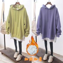 Sweater womens 2021 autumn and winter new loose plus size Korean hooded mid-length plus velvet thickening wild fake two-piece tide