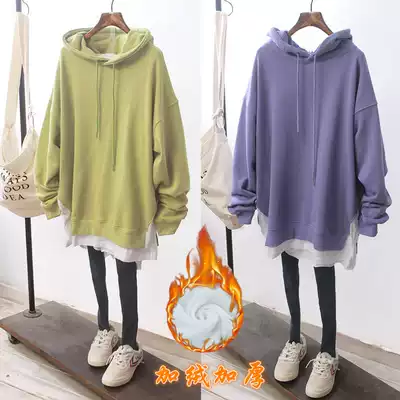 Sweater women's 2021 autumn and winter new loose large size Korean version hooded mid-length version plus velvet thickening wild fake two-piece tide