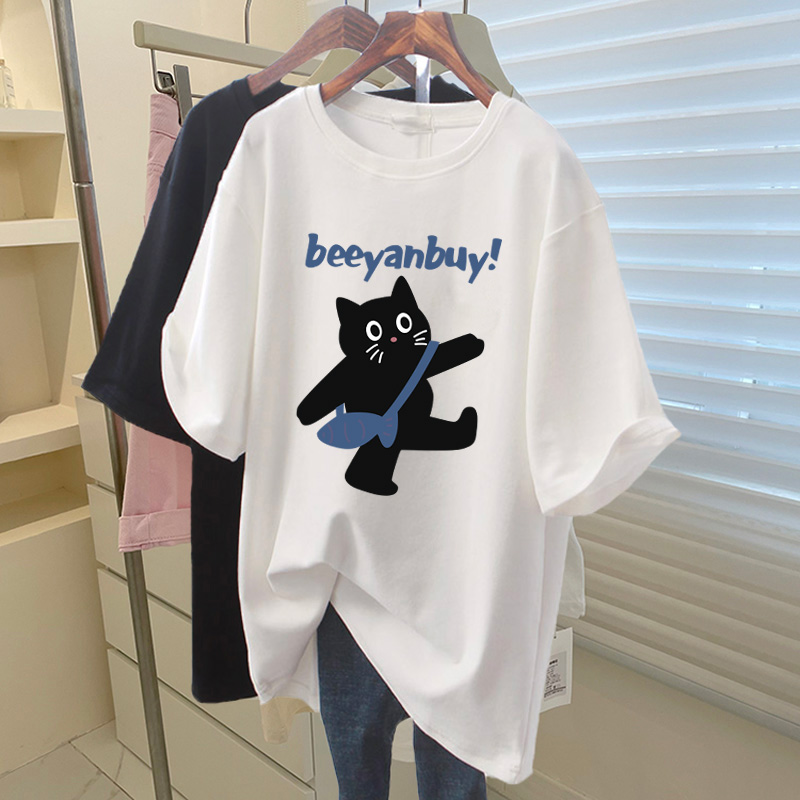 マッチングサメパンツ純綿半袖Tシャツレディースミディアム丈ゆったりカジュアル大きいサイズ半袖白トップス夏トレンド