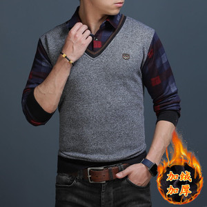 男士秋冬季针织衫假两件衬衫领T恤加绒上衣