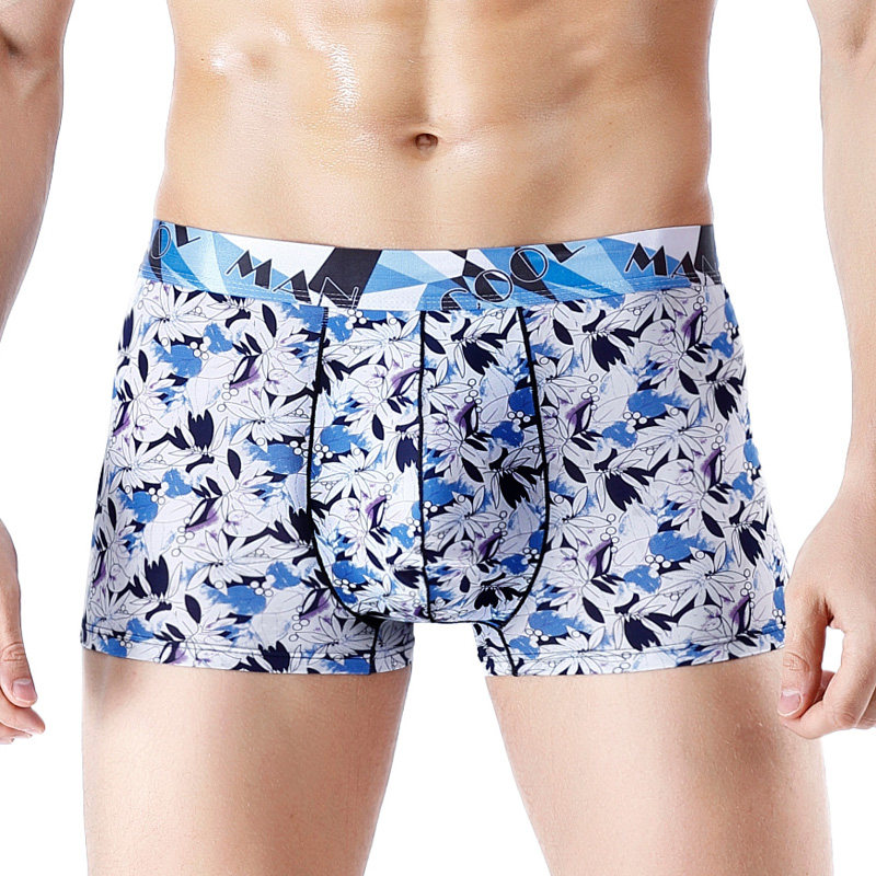 Ice silk men's boxer pants trend youth plant personality sexy summer style seamless boxer pants flower young people