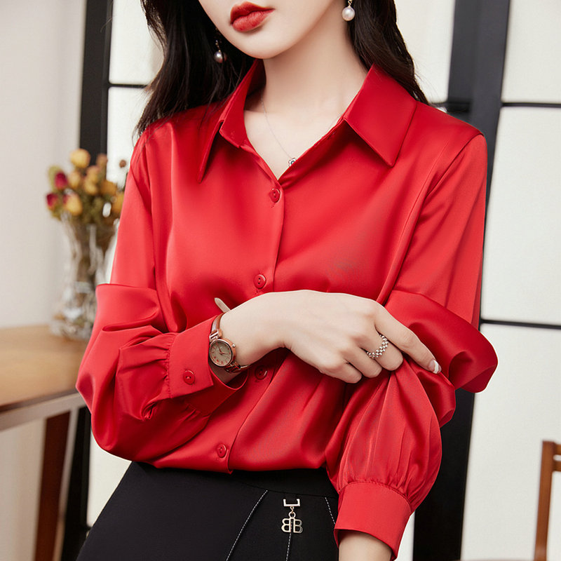 Acetate Satin Shirt for Women, Loose Long-Sleeved Silk Red Shirt, Spring and Autumn Ice Silk Workwear Professional Women's Top Acetate Satin Shirt for Women, Loose Long-Sleeved Silk Red Shirt, Spring and Autumn Ice Silk Workwear Professional Women's Top
