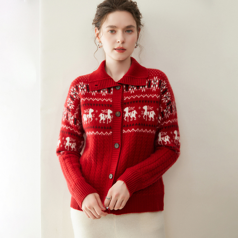 Snowman Christmas Lapel Cashmere Cardigan Women's Knitted Reindeer Jacquard Thickened Sweater Autumn Winter Wool Coat Top Snowman Christmas Lapel Cashmere Cardigan Women's Knitted Reindeer Jacquard Thickened Sweater Autumn Winter Wool Coat Top