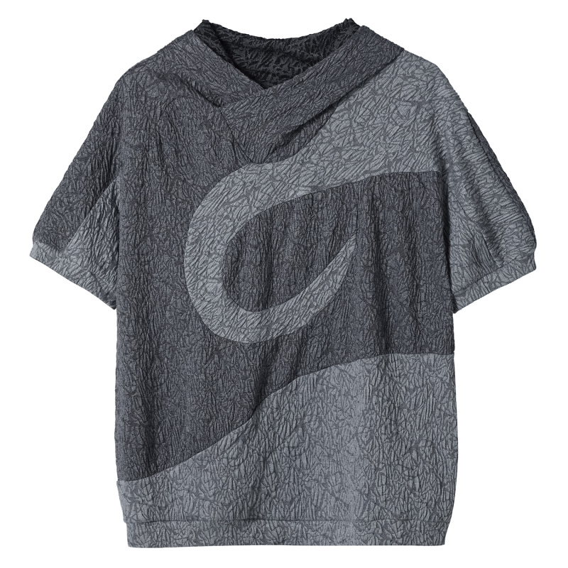 54A0 [Velvet Scorpion T-Shirt] Deconstructed Curved Splicing with Pleated Texture, Hooded Knitted Color-Blocked Short-Sleeve Top