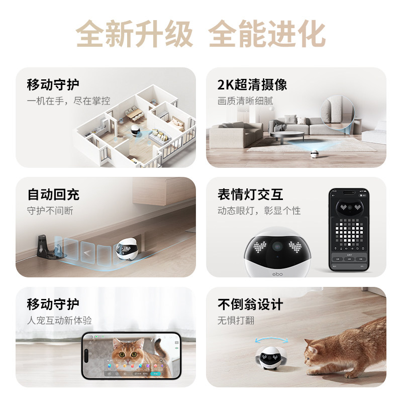 Ebo Air2 Home Robot 2025 New Model Whole House Mobile Walking Surveillance Home Electronic Companion for Boyfriend/Girlfriend in Long-Distance Relationship, Pet Companion for Dogs and Cats, Ai Remote Control Smart Camera