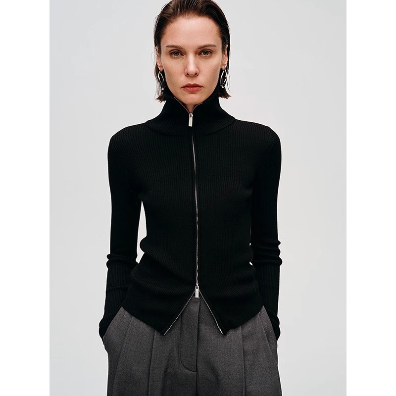 American-Style High-End Black Double-Zipper Knit Cardigan for Women, Autumn and Winter Slim-Fit Turtleneck Sweater Jacket, Base Layer Top