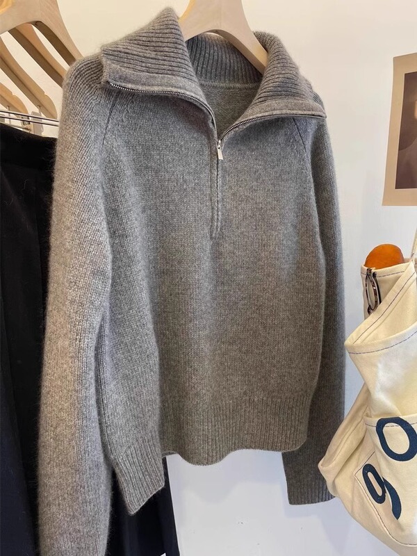 High-End Gray Half-Zip Lapel Soft Sweater for Women, Winter French Retro Lazy Turtleneck Knit Top