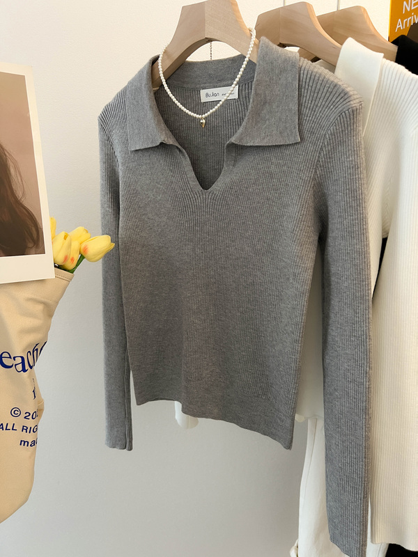 French Style Gray Polo Collar Knitwear for Women, Autum Inner Layering Shirt, Thin Sweater, Retro Lapel Top
