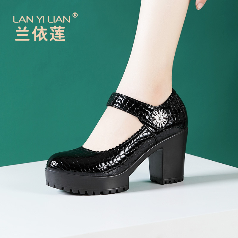 Crocodile-Pattern Patent Leather Cheongsam Model Training High-Heeled Shoes for Women, Waterproof Platform Genuine Leather Round-Toe Runway Chunky Heel Single Shoes