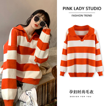孕妇装2023秋冬新款时尚韩版Polo领条纹毛衣宽松大码针织衫