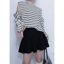 Sister Hus striped two-way fashion shoulder design sense long-sleeved t-shirt loose 2022 autumn and winter new style