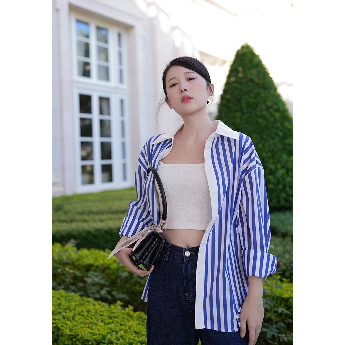 Sister Hu 2022 autumn and winter new Korean style temperament contrast color striped shirt female high-end French long-sleeved shirt