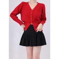 Sister Hu V-neck knitted cardigan womens 2022 winter new French style puff sleeve waist slimming sweater