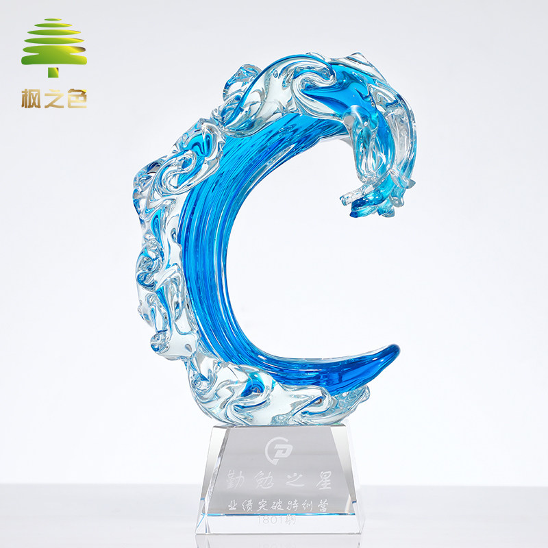 Wave glass trophy custom sailing boat sail crystal lettering creative award gift blue riding the waves to ride the wind and waves