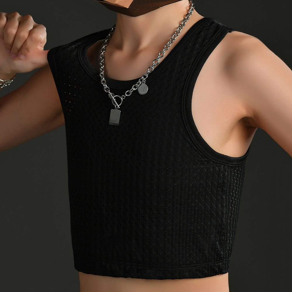 LES corset T ultra-flat chest vest summer breathable ice silk bursting breasts small sports zipper fat T large size female plastic chest cos