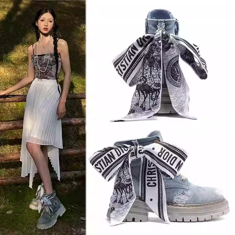 Retro Ripped Denim Boots Thick-Soled British Style Boots for Women 2026 New Summer Ribbon Strap Workwear Short Boots