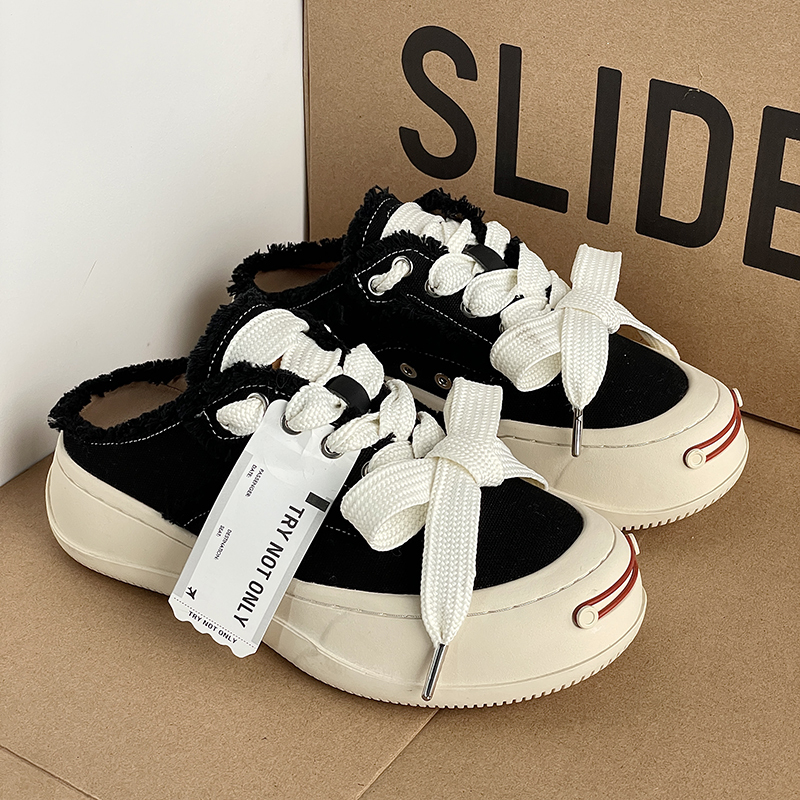 Smiling Face Canvas Shoes, Half-Slip-On, 2026 New Model, Height-Increasing Thick-Soled Shoes, Big Toe Smiley Face Beggar Shoes, Trendy Street Style Sneakers