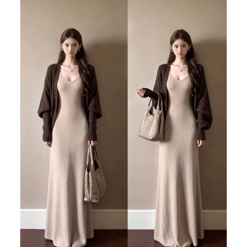 Knitted Long-Sleeved Dress, Long Base Dress, Women's Two-Piece Suit, Cardigan, Autumn, Light and Mature Style, Complete Outfit Set Knitted Long-Sleeved Dress, Long Base Dress, Women's Two-Piece Suit, Cardigan, Autumn, Light and Mature Style, Complete Outfit Set