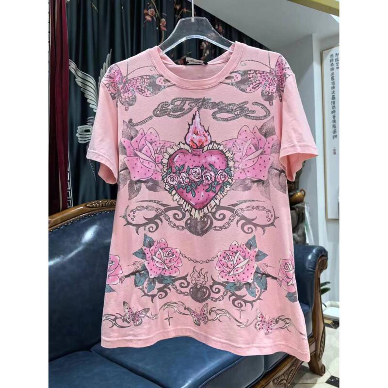 Fashionable Brand Hardy Women's Round Neck Pullover T-Shirt Heavy Industry Hot Diamond Pink Short-Sleeved Top 24 Summer New Style Fashionable Brand Hardy Women's Round Neck Pullover T-Shirt Heavy Industry Hot Diamond Pink Short-Sleeved Top 24 Summer New Style