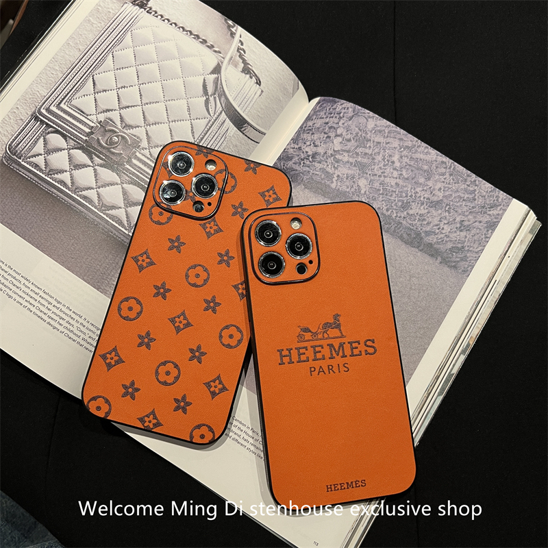 Hermès Orange Monogram Apple 17 Pro Phone Case iPhone 17 Leather 15 Pro Max Soft Case 14 Pro Shockproof 13 Unisex 16 Pro Max Premium Feel 12 Full Coverage Trendy Brand Compatible