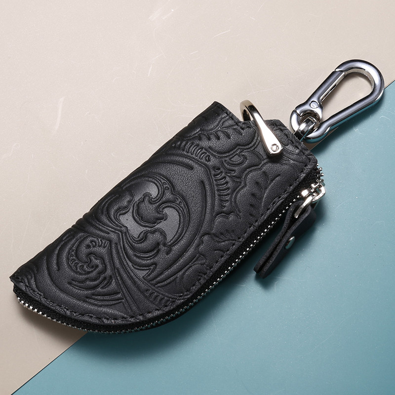 Male and female Bull Leather Retro Printed Key Bag Genuine Leather Brief Fancy Personality Small Car Key Bag Key Bag Men
