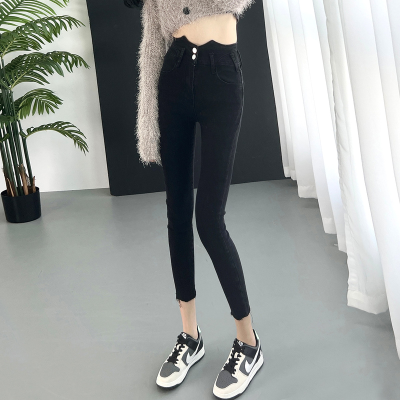 Spring and Autumn Petite Women's Jeans, Autumn and Winter Fleece-Lined Pants, Cropped Pencil Pants, High-Waisted Carrot Pants, Ankle-Length Slim Pants