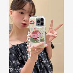 재미 있고 귀여운 버섯 집 Hello Kt Kt Kidie Cat Apple 16promax 휴대 전화 케이스 iPhone 13 새로운 15 여자 14pro 체인 16Pro 더블 레이어 안티 폴 휴대 전화 케이스