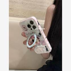 INS 귀여운 유화 작은 동물 개 반지 iPhone에 적합한 작은 동물성 개 반지 스탠드 15 휴대 전화 14Pro 2-in-one silicone 13 투명한 16 방지 소프트 슬리브