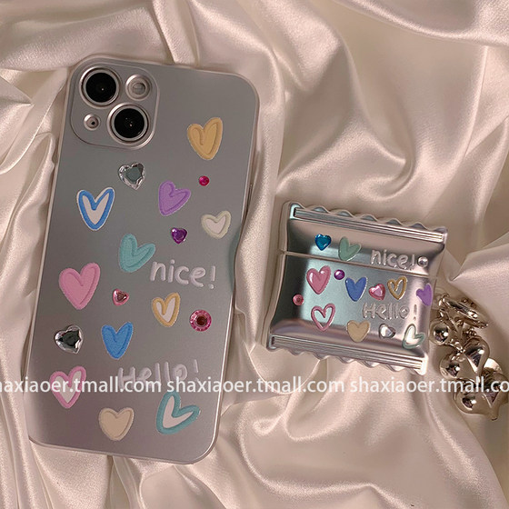 INS WIND PLATING LOVE APPLE 14PROMAX 휴대 전화 케이스 iPhone 13 보호 케이스 14Pro New Style 12 여성 11 안티 폴 14Plus 소프트 소녀 창조적 패키지에 적합한 슈퍼 핫 DIY 스티커