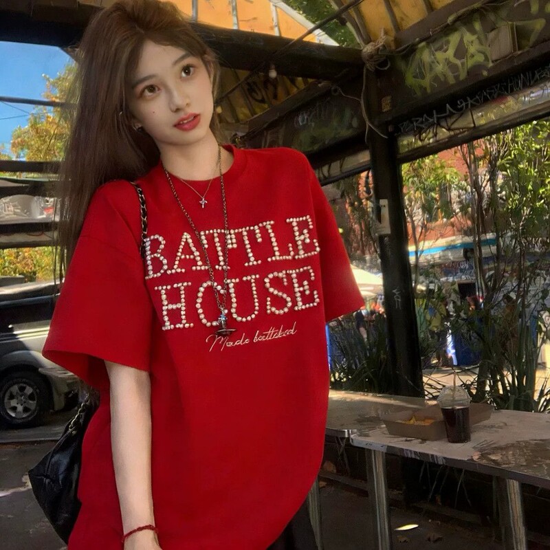 American Retro ins Trendy Brand Letter Beaded Red Short-Sleeved T-Shirt for Women Summer 2026 New Pure Cotton Loose Top American Retro ins Trendy Brand Letter Beaded Red Short-Sleeved T-Shirt for Women Summer 2026 New Pure Cotton Loose Top