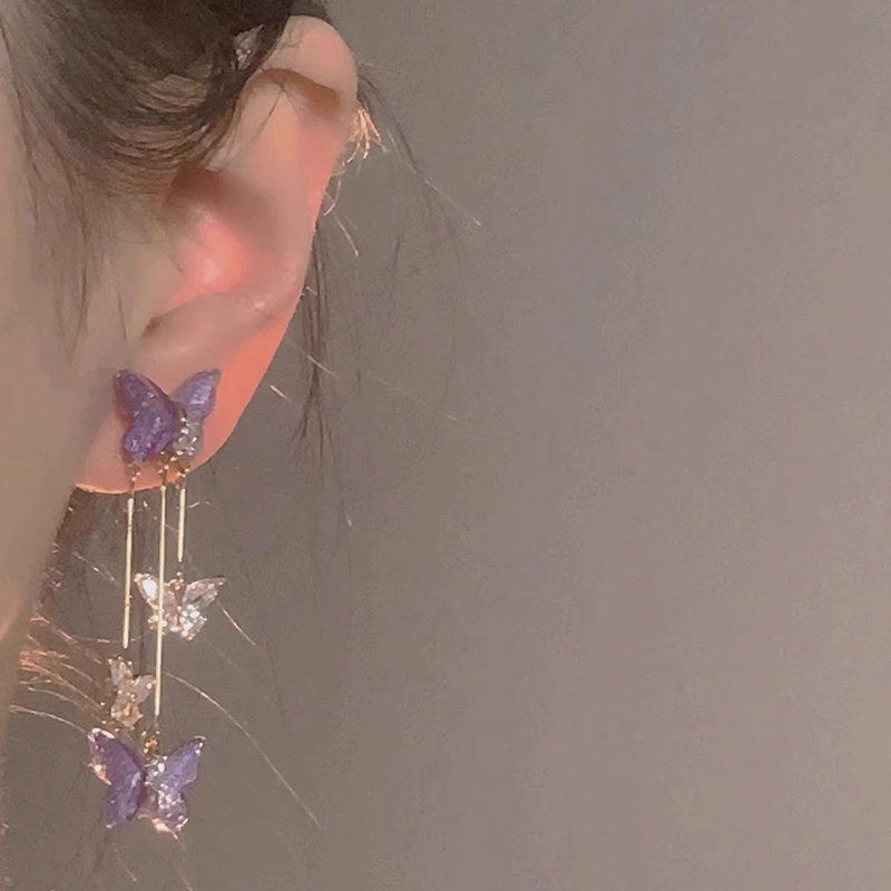 925 Silver Needle Super Fairy-Like Purple Butterfly Earrings for Women, Unique and Fashionable Niche Design, High-End Earrings, New Style