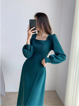 Autumn and winter 2021 new style cold wind chic square neck temperament sweater long skirt high sense of base knitted dress women