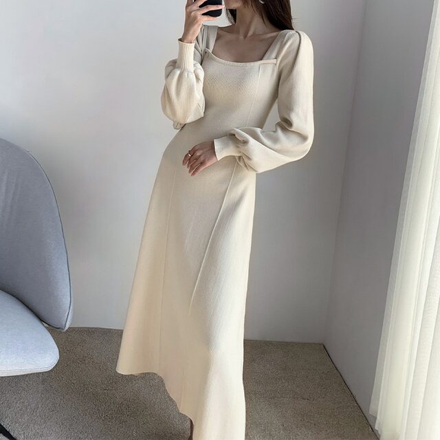 Autumn and winter 2021 new style cold wind chic square neck temperament sweater long skirt high sense of base knitted dress women